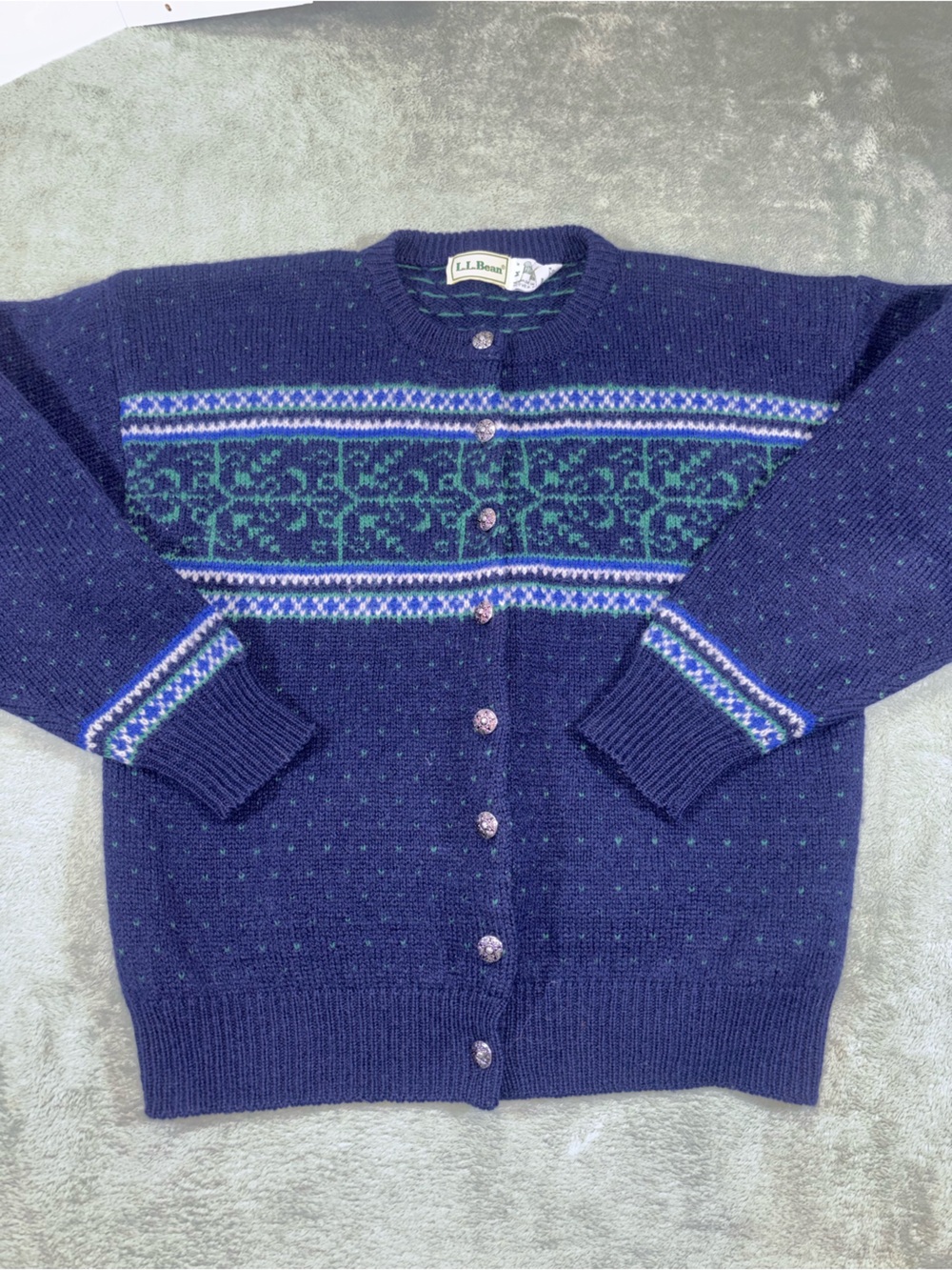 Vintage L.L. Bean 100% Pure Shetland Wool Fair Isle Cardigan - Navy - M